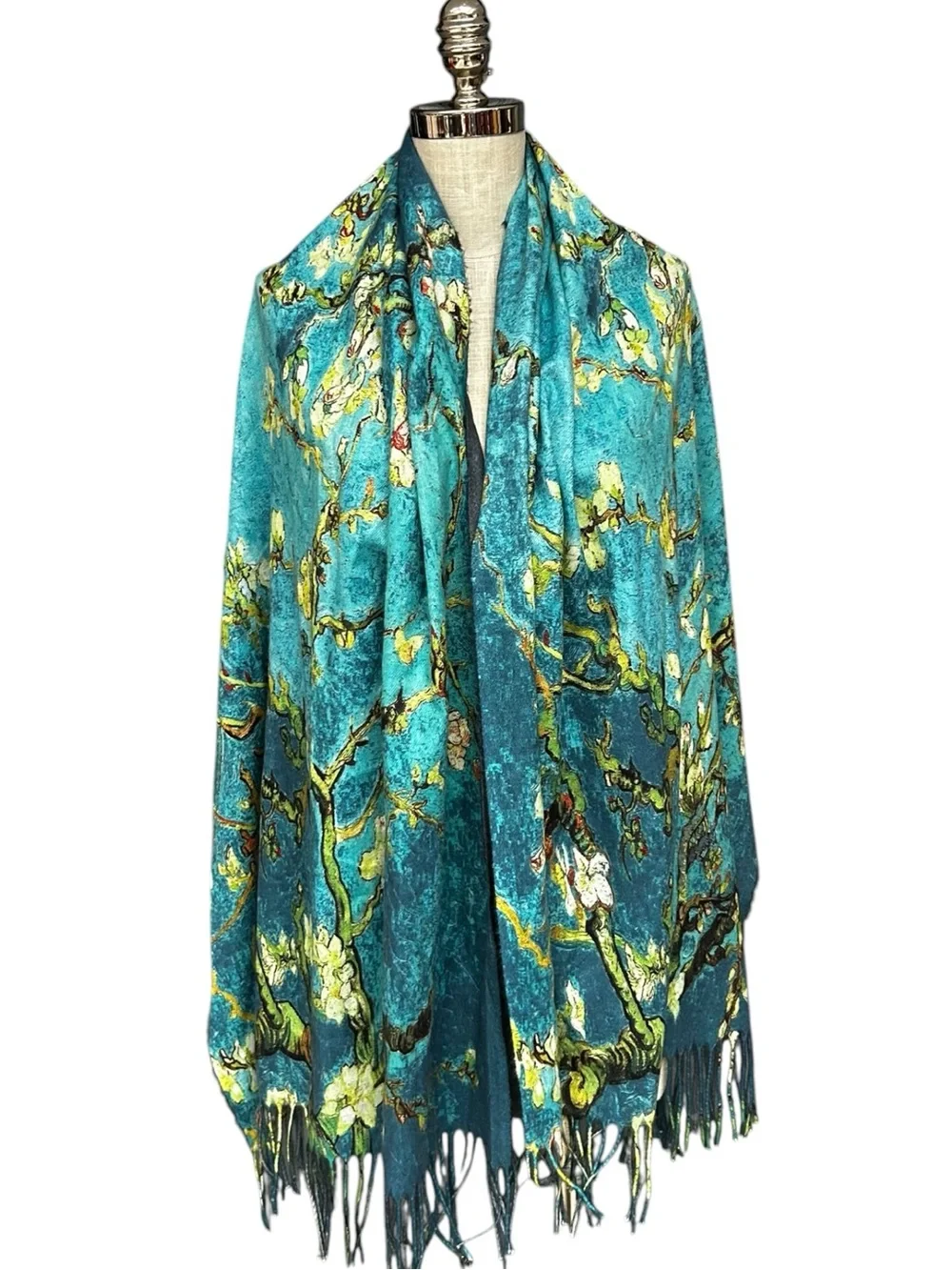 Van Gogh Almond Blossom Art Shawl Wrap Fringe Scarf Blue Floral Wool Blend